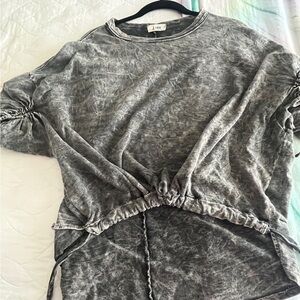 Black and Gray Ruched Tie Front 3/4 Sleeve Hoodie